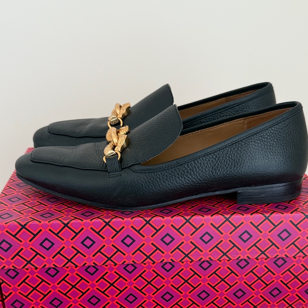 Tory Burch Black Loafers with Gold Chain Detail